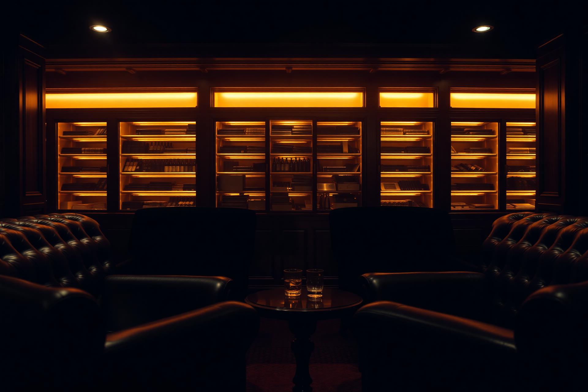 Dark cigar lounge with leather chairs and a backlit humidor